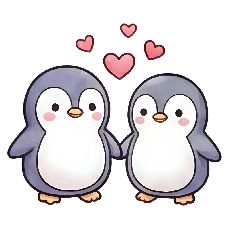 Kawaii Cartoon Penguins Holding Hands with Hearts Illustration