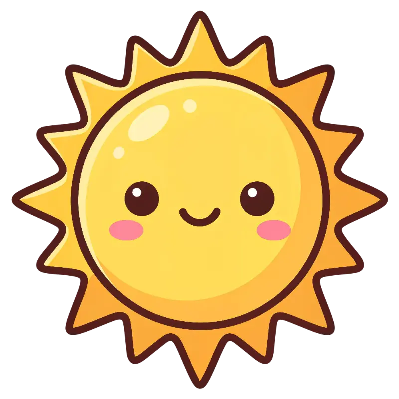 Kawaii Happy Sun Character with Pink Cheeks and Thick Outline