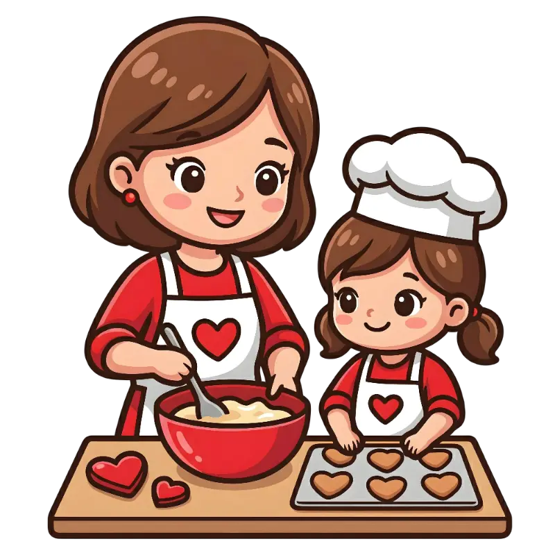 Cute Character Little Chef and Mom Baking Heart Cookies
