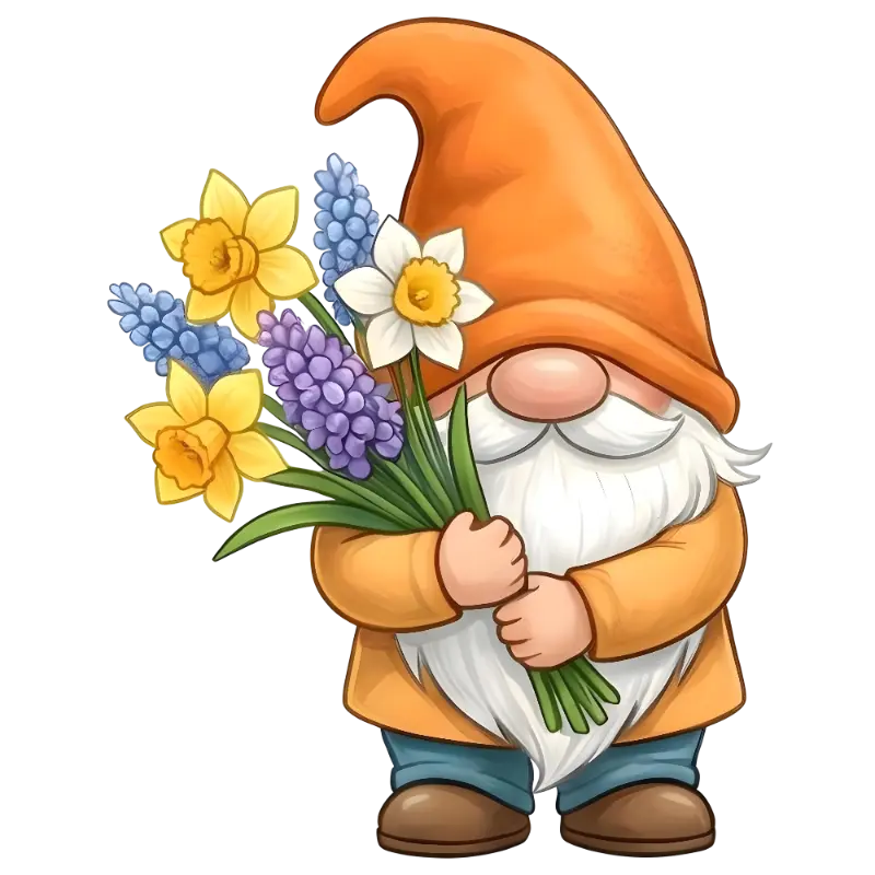 Cute Whimsical Gnome with Spring Flowers Illustration