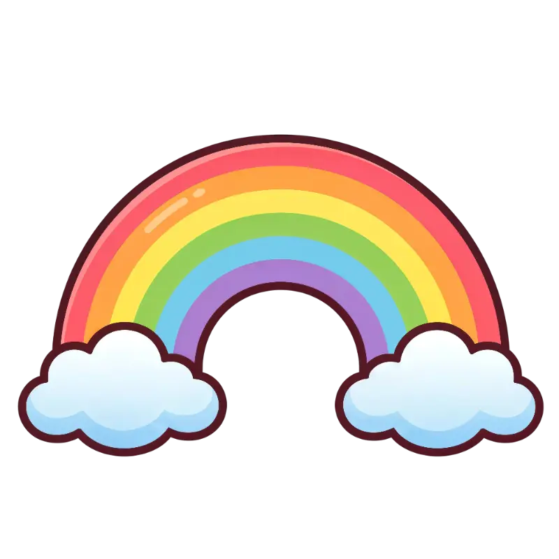 Pop Art Cheerful Rainbow with Puffy Clouds and Thick Dark Outline