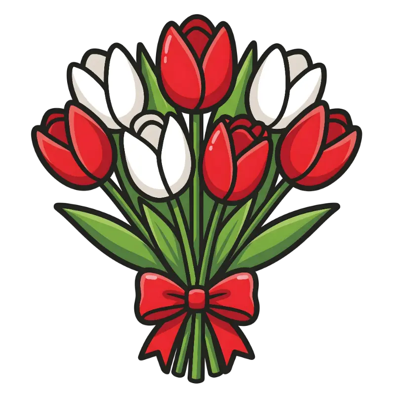 Cartoon Red and White Tulip Bouquet with Red Ribbon Bow