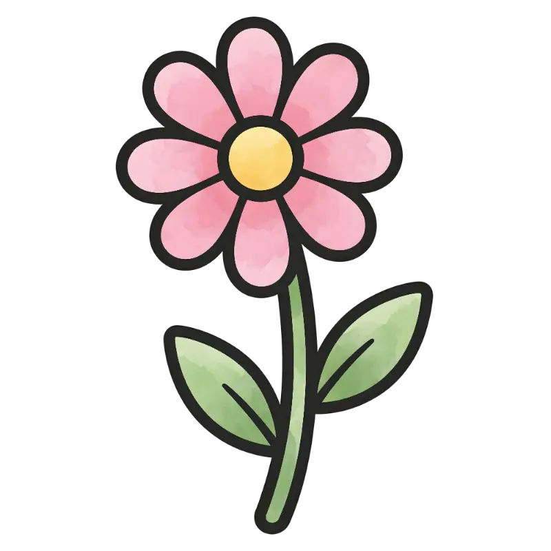 Cute Cartoon Watercolor Flower with Pink Petals and Yellow Center