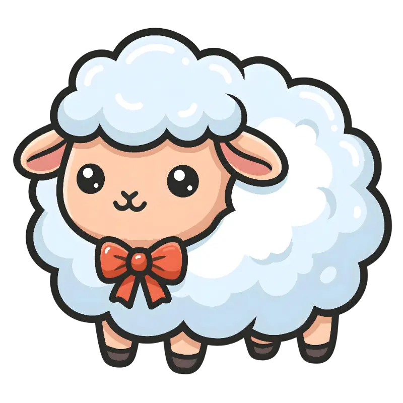 Cute Cartoon Sheep Character with Expressive Eyes and Red Bow Tie