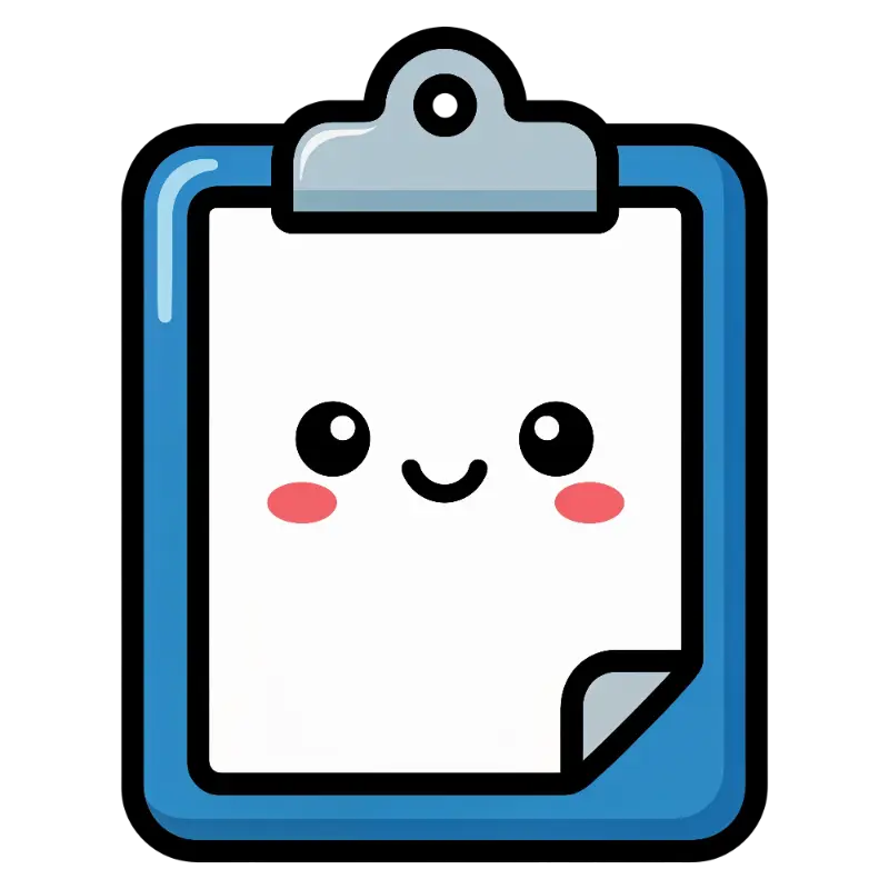 Kawaii Cartoon Blue Clipboard with Smiling Face and Folded Paper