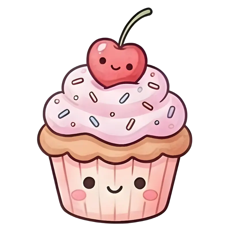Kawaii Cartoon Happy Cupcake Cherry Sticker with Pink Frosting