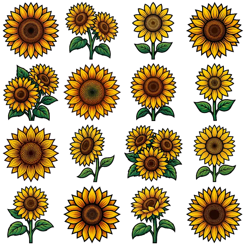 Realistic Botanical Illustrations of Varied Sunflowers