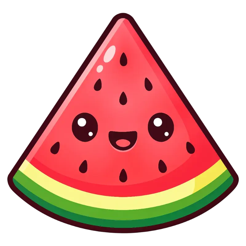 Kawaii Watermelon Slice Character with Smiling Face and Big Eyes