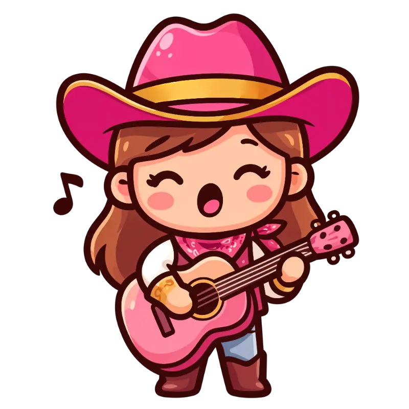 Playful Chibi Cowgirl Singing with Pink Guitar Illustration