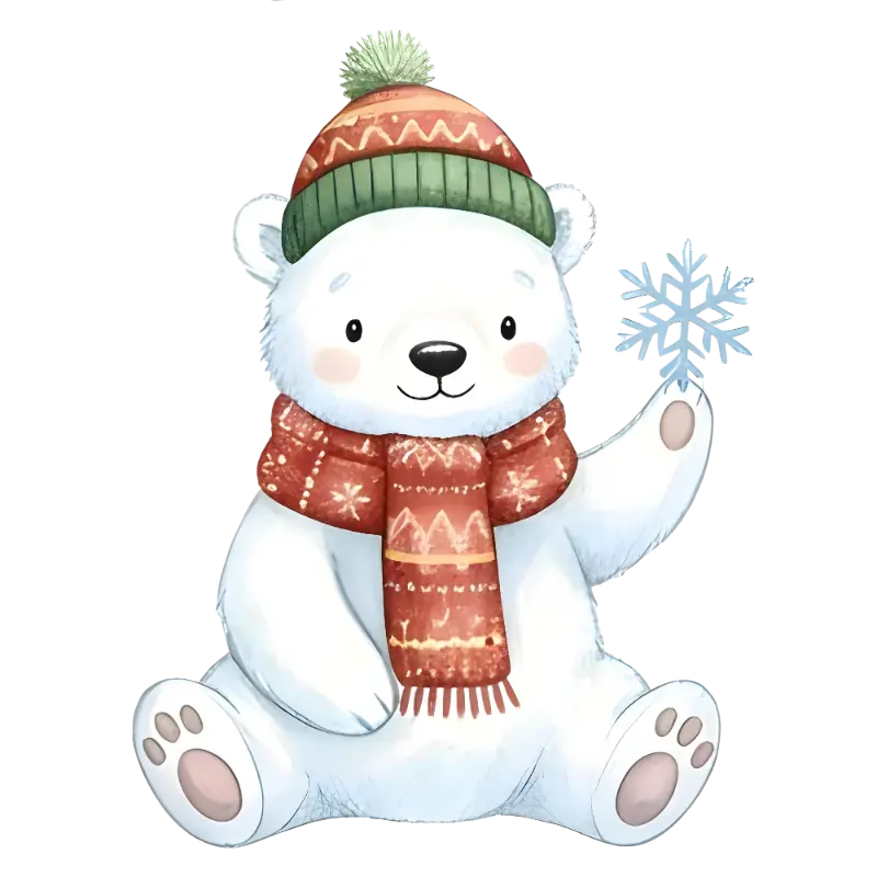 Watercolor Cartoon Polar Bear with Hat, Scarf, Snowflake