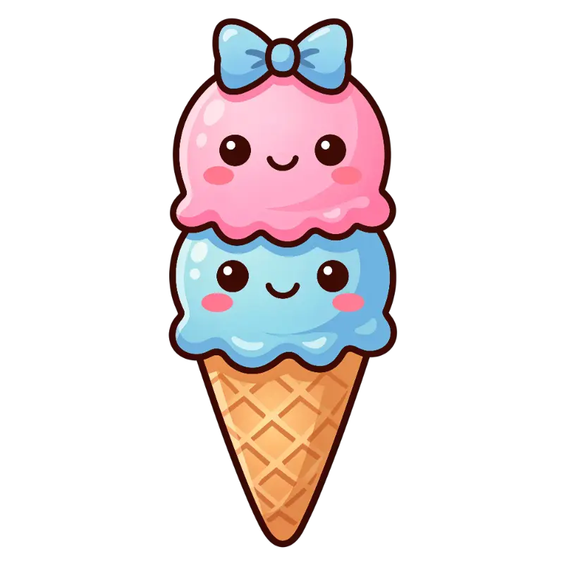 Kawaii Pink and Blue Smiling Ice Cream Cone Illustration with Bow