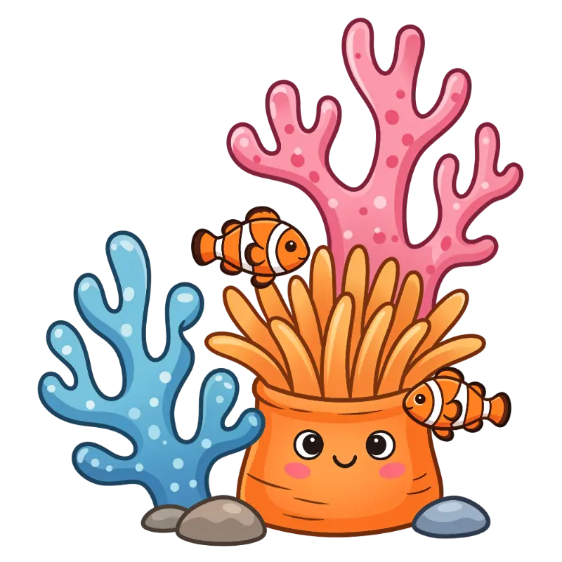 Happy Anemone and Two Clownfish Kids Cartoon Ocean Scene