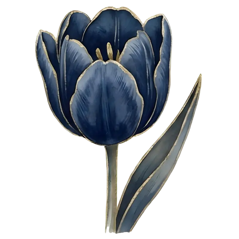 Botanical Watercolor Dark Blue Tulip with Gold Outline Petals