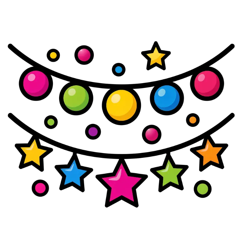 Cartoon Celebration Garland with Bright Stars and Spheres