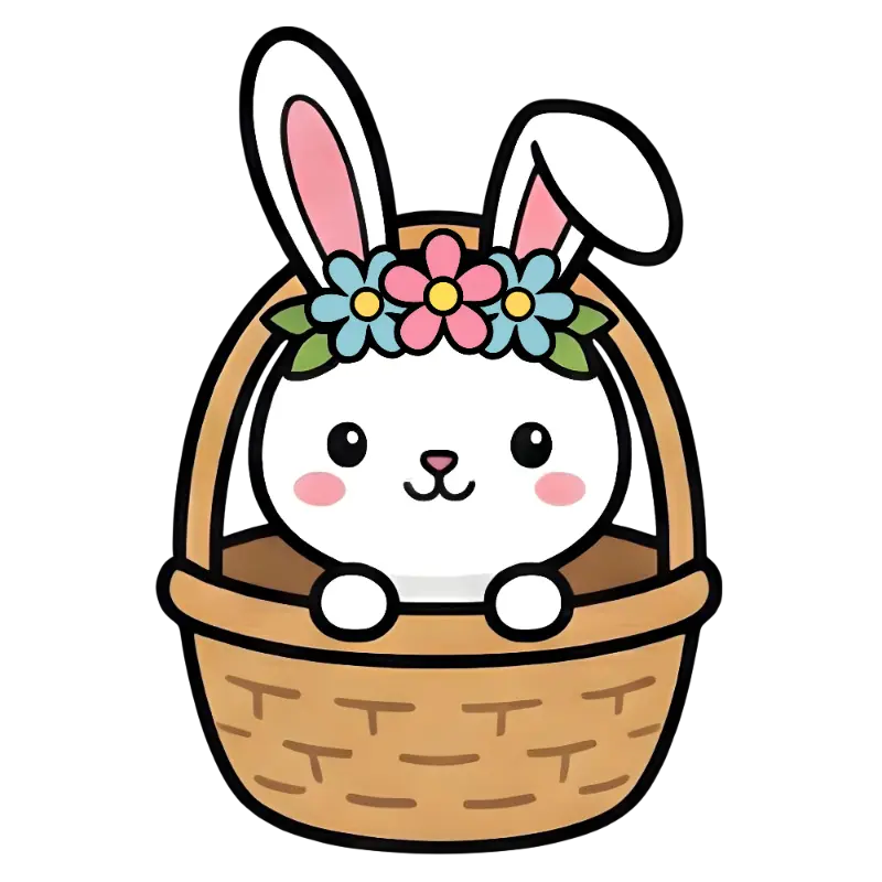 Cute Bunny Illustration with Flower Crown in a Woven Basket