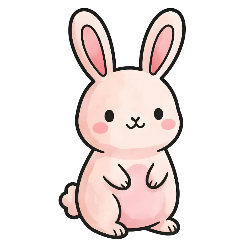 Pink Bunny with Blush Cheeks Kawaii Watercolor Illustration