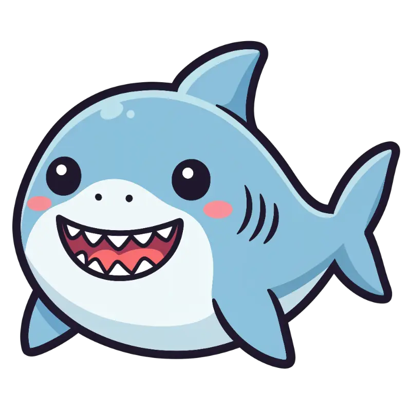 Kawaii Light Blue Shark Character with Cheerful Smile and Blushes