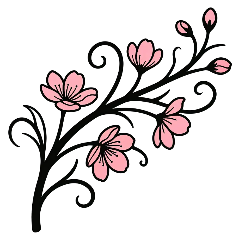 Simple Line Art Pink Cherry Blossom Branch with Flowers and Buds
