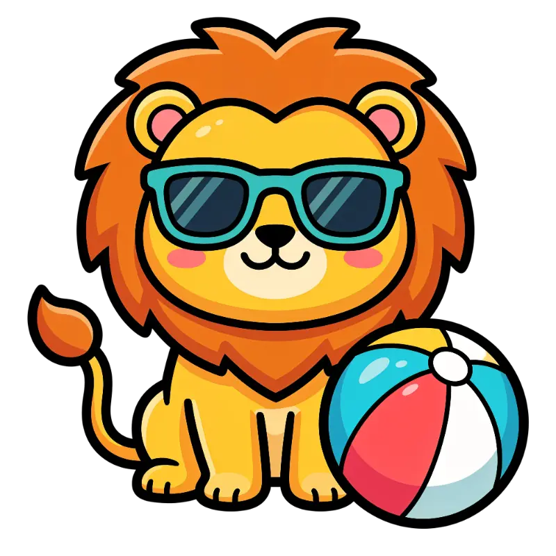 Kawaii Lion Character with Sunglasses and Beach Ball