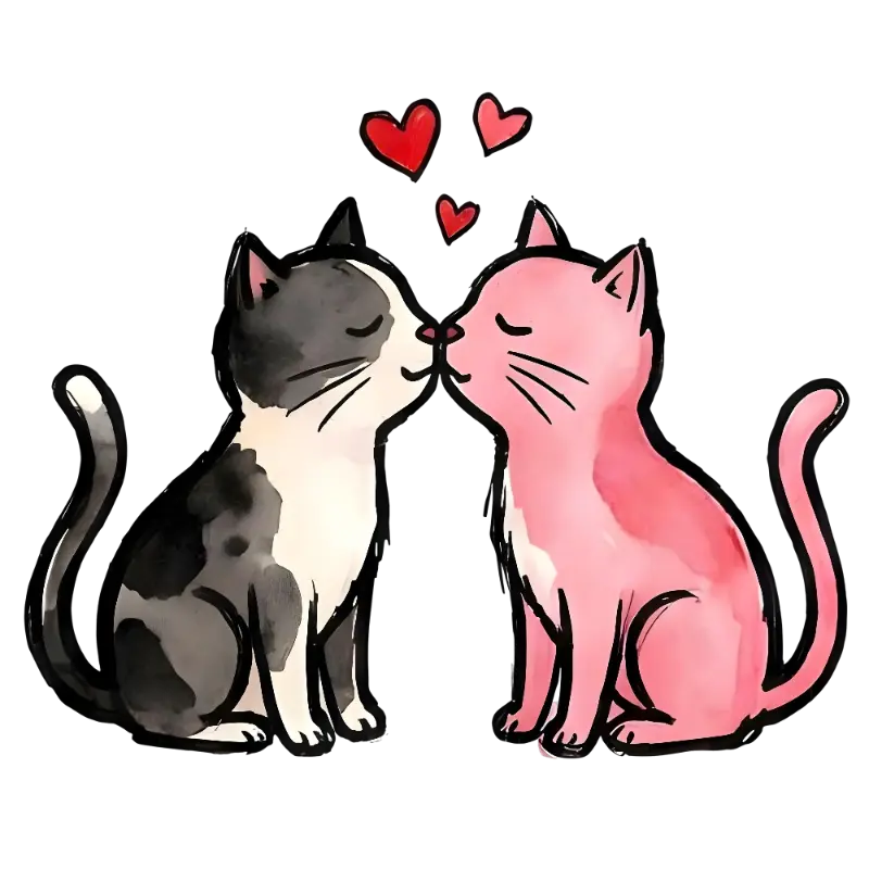 Watercolor Two Cats Kissing with Hearts Cute Illustration