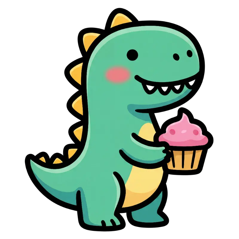 Kawaii Mint Green Dinosaur Character Holding a Pink Cupcake
