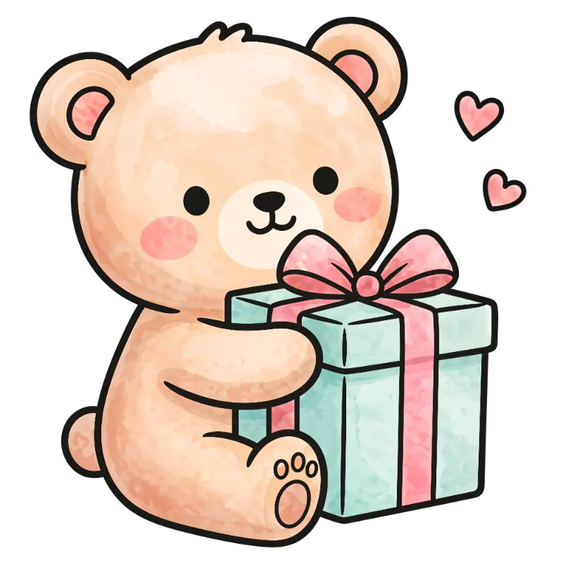 Cute Watercolor Teddy Bear Holding a Gift with Hearts