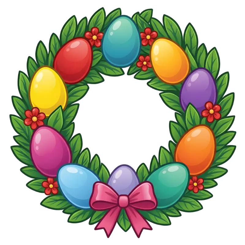Cartoon Glossy Easter Wreath with Colorful Eggs and Pink Bow