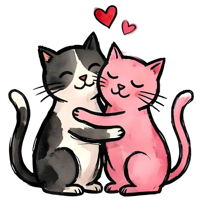 Watercolor Cartoon Pink & Black Cats Hugging with Hearts Illustration