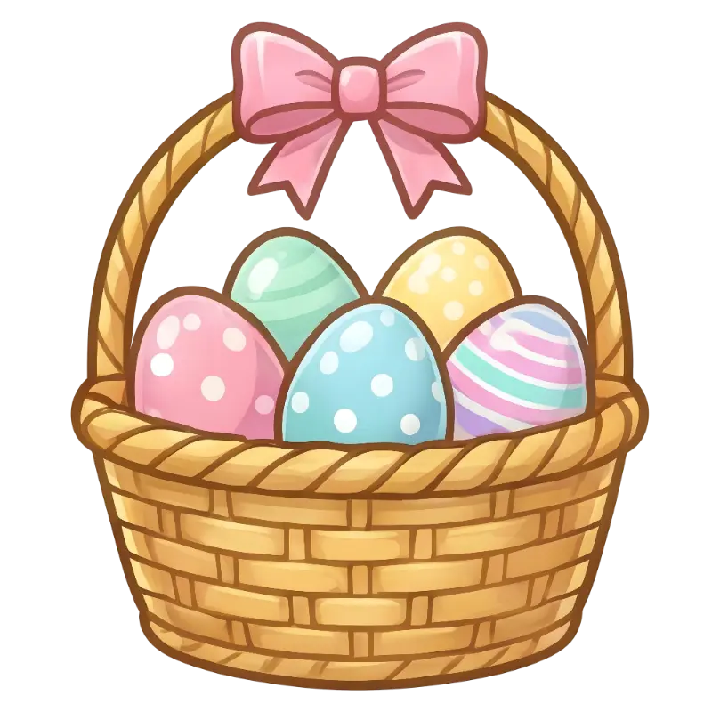 Kawaii Easter Basket with Decorated Pastel Eggs and Pink Bow