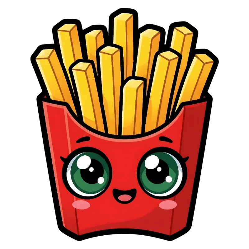 Kawaii French Fries Character with Happy Face and Green Eyes
