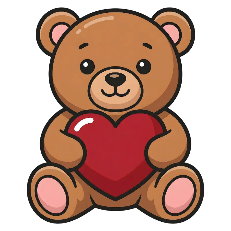 Loving Cartoon Bear with Prominent Glossy Red Heart