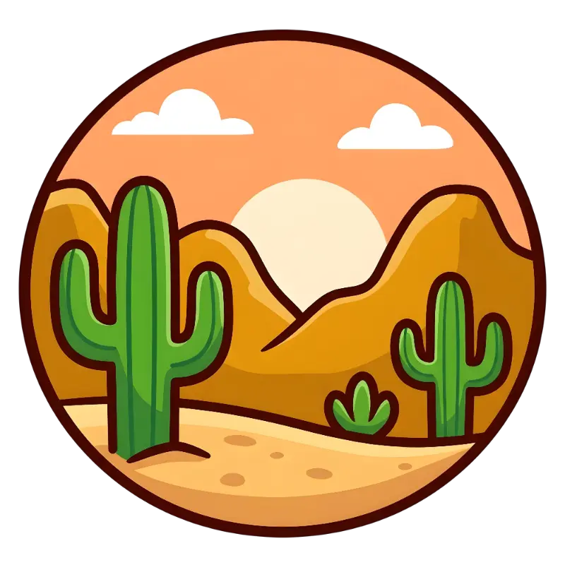 Cute Cartoon Circular Desert Scene with Cacti and Sun