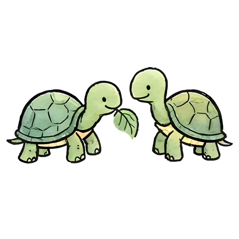 Friendly Green Turtles with a Leaf in Hand-drawn Watercolor Style