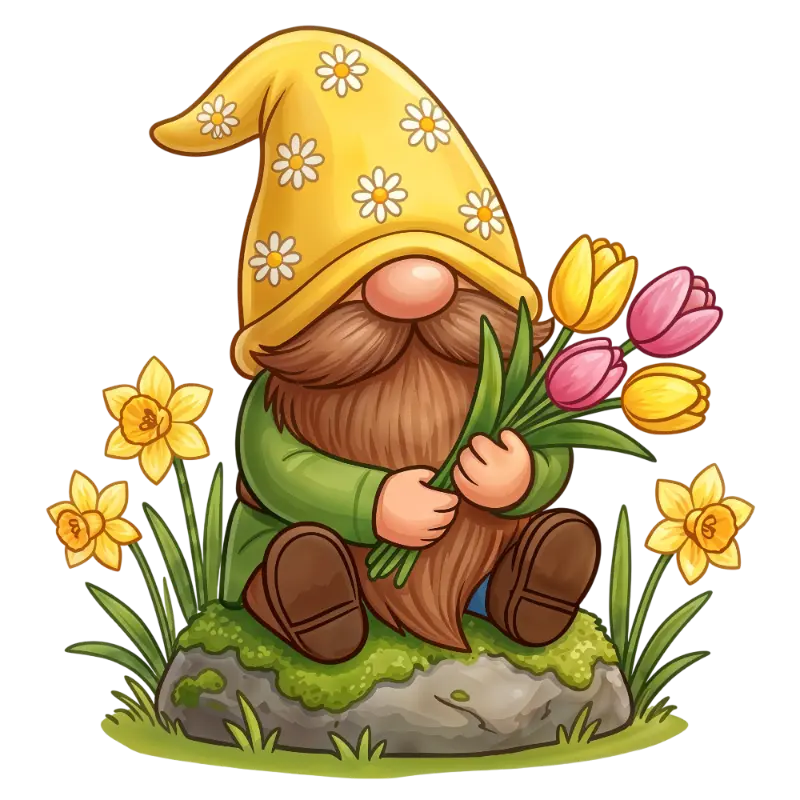 Whimsical Gnome with Tulips, Daffodils, and Daisy Hat