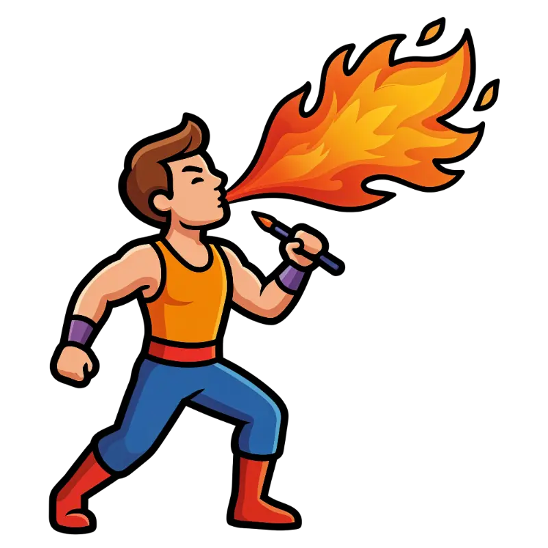 Cartoon Man Blowing Fire with Paintbrush