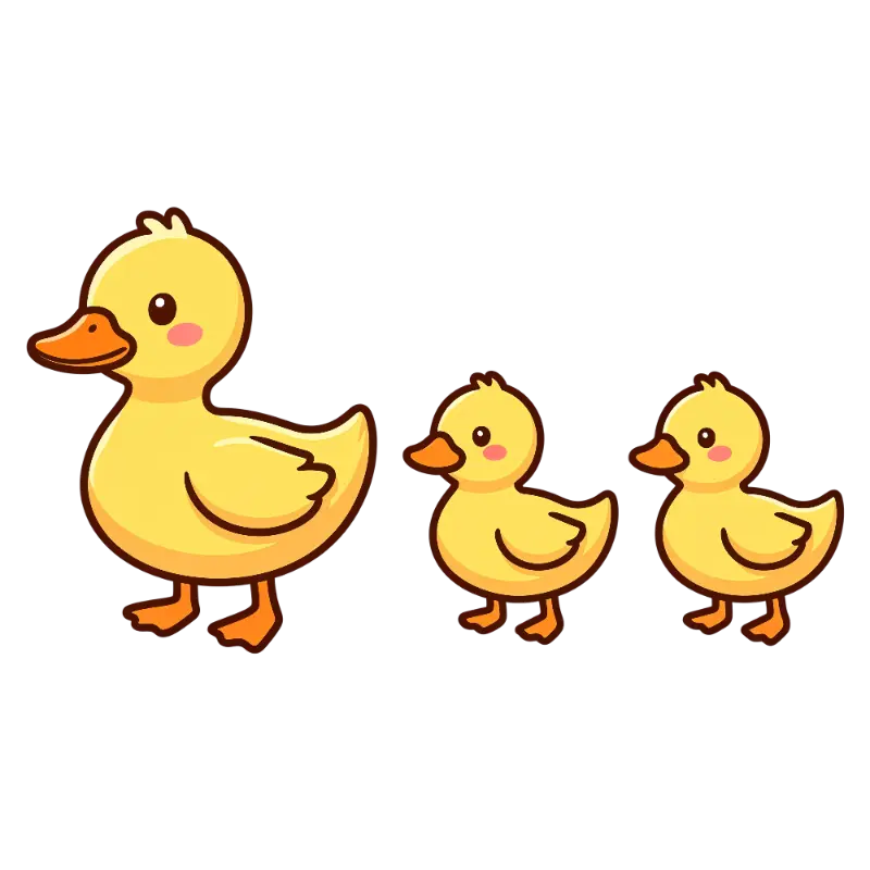 Cute Cartoon Duck Mother and Two Ducklings with Rosy Cheeks