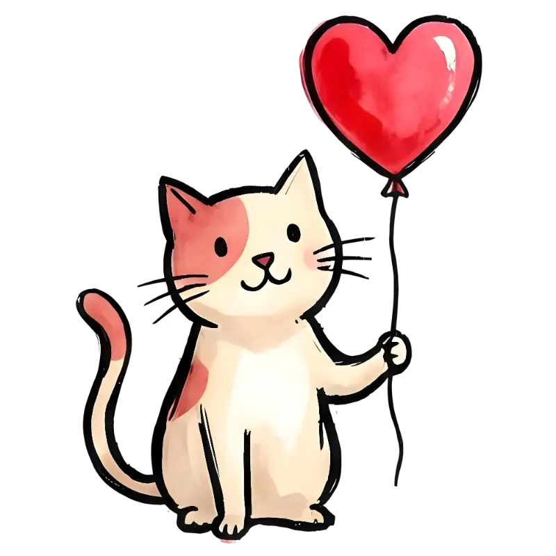 Watercolor Cat holding Heart Balloon Cute Illustration
