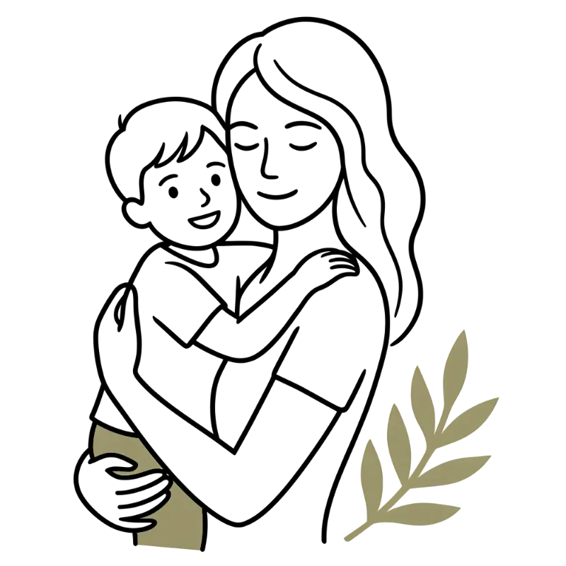 Minimalist Line Art Mother Child Embrace with Olive Leaf
