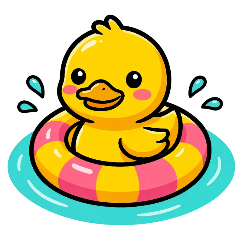 Kawaii Rubber Duck Illustration in Striped Swimming Ring