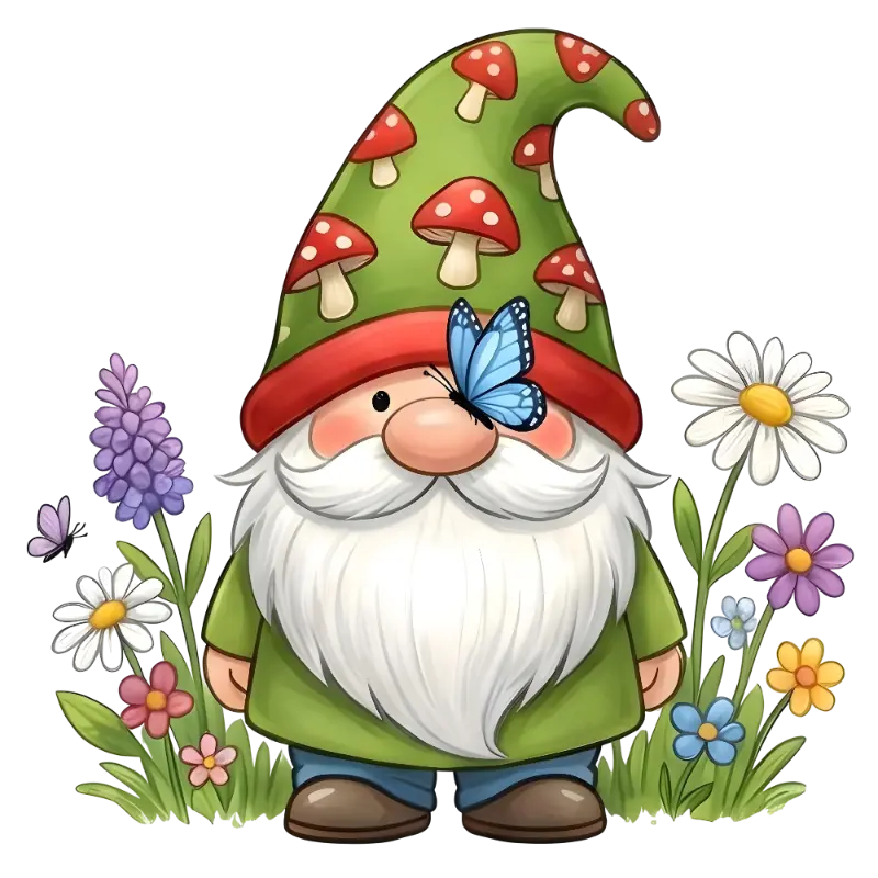 Whimsical Garden Gnome with Butterfly & Flowers Custom Kiss-Cut Stickers