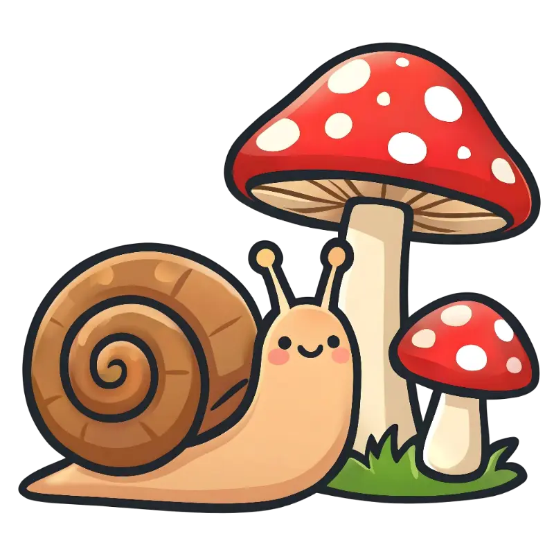 Cute Smiling Snail and Red Spotted Mushrooms Illustration