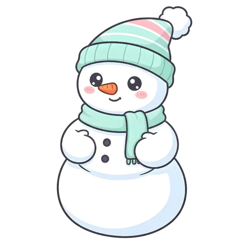 Cute Kawaii Snowman Illustration with Hat and Scarf for Winter Holidays