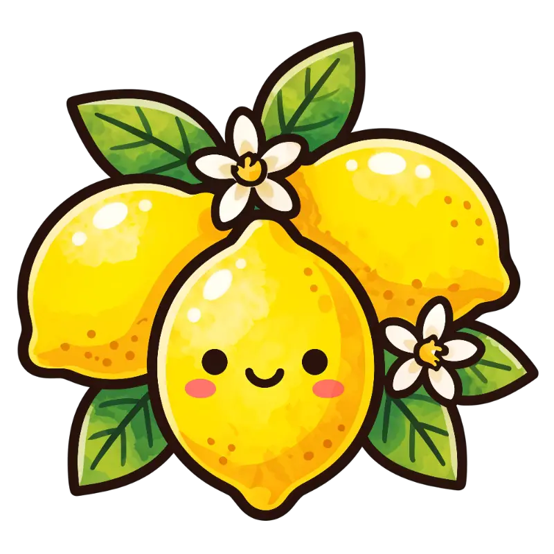 Cute Watercolor Lemons with Friendly Faces and Flowers