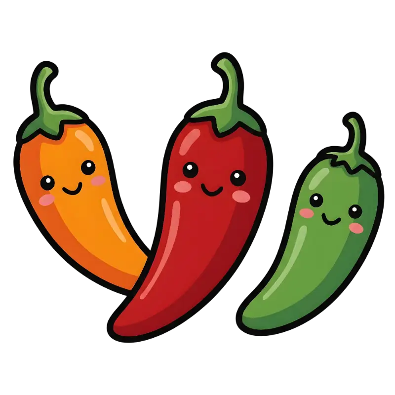 Three Kawaii Smiling Chili Pepper Characters with Pink Blushes