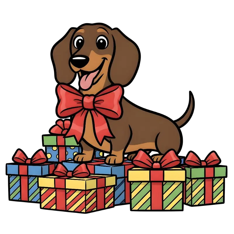Cartoon Dachshund Dog with Red Bow and Gift Boxes Illustration
