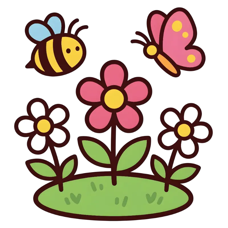 Line Art Bee Butterfly with Dotted Wings and Flowers