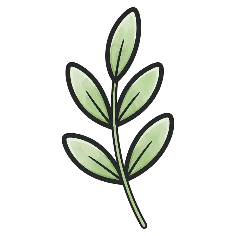 Watercolor Outline Plant Stem with Oval Leaves Illustration