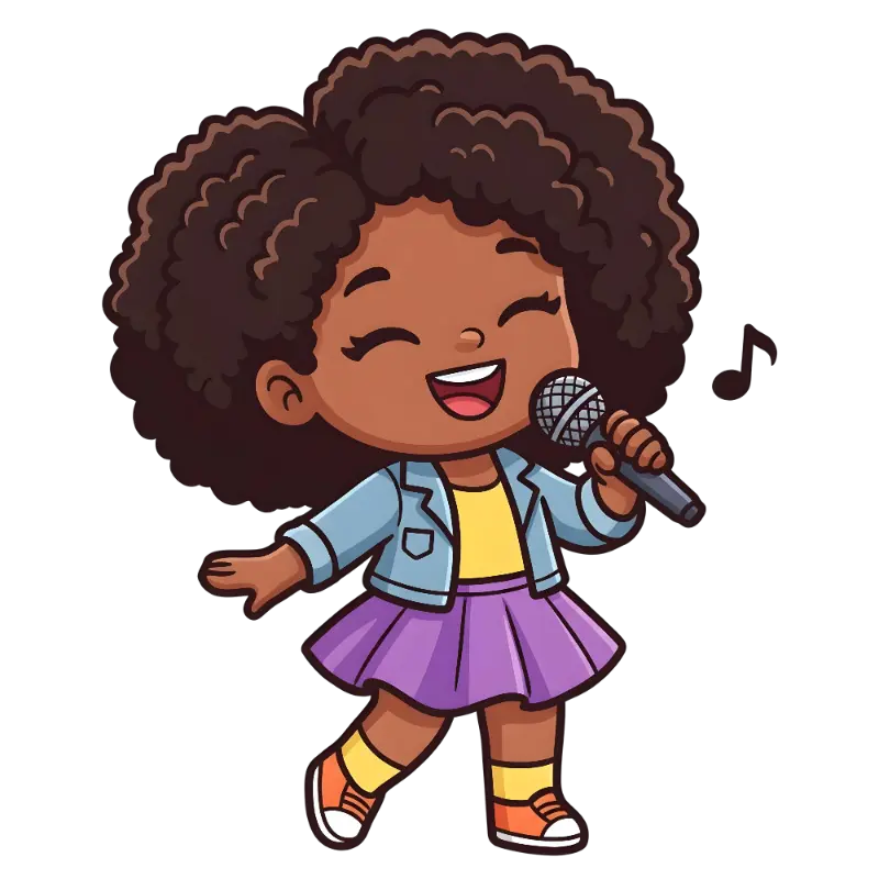 Playful Chibi Girl with Curly Hair Singing into Microphone