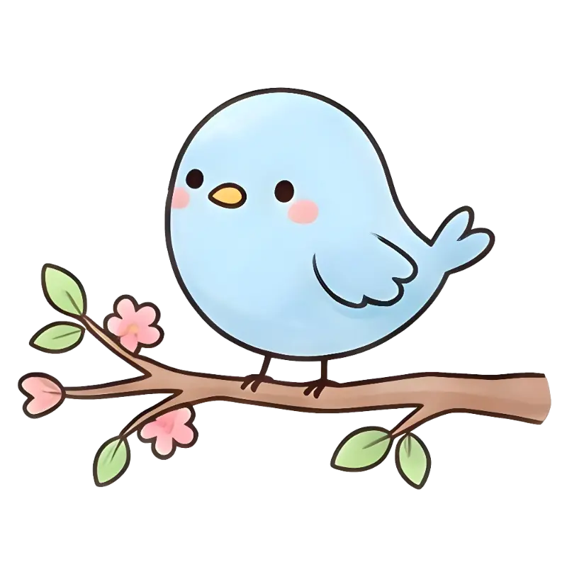 Kawaii Cute Bird Illustration on a Flowering Branch for Kids