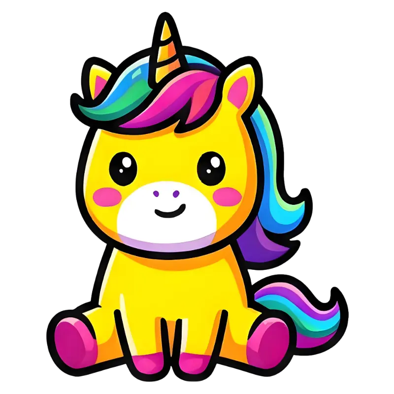 Cute Kawaii Cartoon Unicorn Graphic with Rainbow Mane and Striped Horn